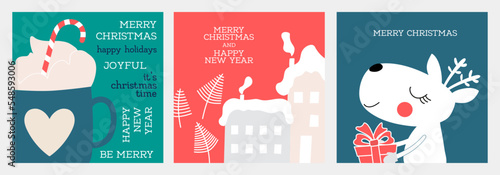 Christmas and New Year cards with printing house. A house, a Christmas deer, a mug with a drink and a gift on a bright background. Minimal poster, banner, cover, template for social networks