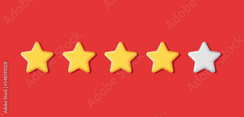 3d rating stars elements, four out of five golden stars on red backdrop