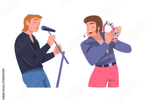 Man Singer and Musician with Microphone Performing Music on Stage Vector Set