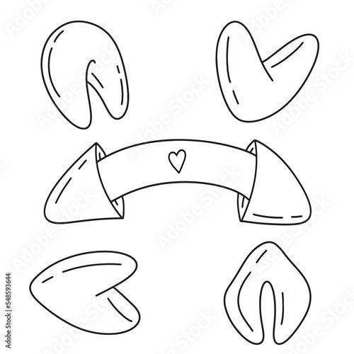 fortune cookies hand drawn doodle icon set. Asian food. Simple outline contour sketch drawing collection of special Chinese biscuit with paper note with prediction or motto