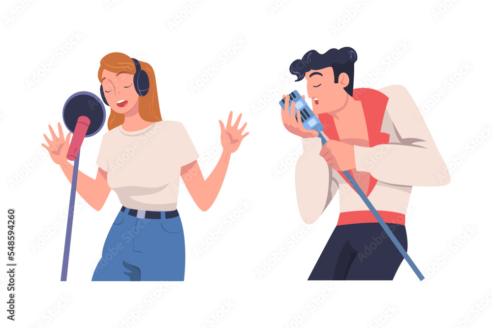 Man and Woman Singer and Musician with Microphone Performing Music on Stage Vector Set Man and Woman Singer and Musician with Microphone Performing Music on Stage Vector Set
