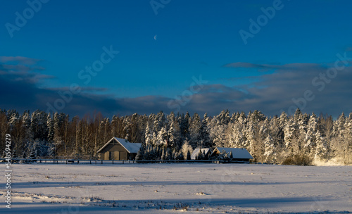 Winter landscape with field, country houses, blue sky with clouds and moon in sunny day