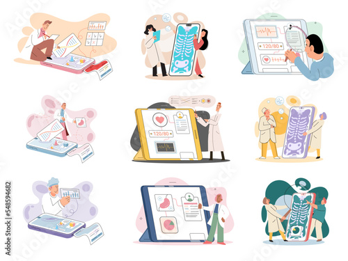 Online medical consultation and support metaphor. Online doctor. Healthcare services, Ask doctor. Tele medicine e-health service. Therapist videocalling phone screen. Diagnosis treatment of patients