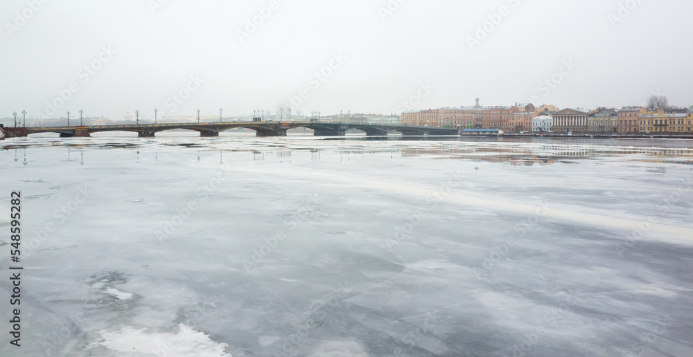 Saint-Petersburg, Russia. Winter cityscape with frozen Neva river