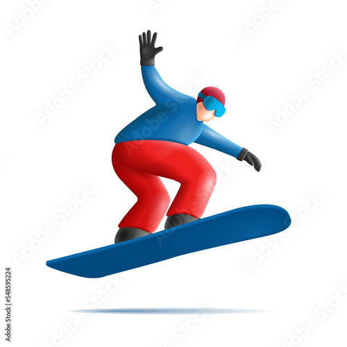 Snowboard jump race snowboarder 3d render character illustration in blue and red clothes