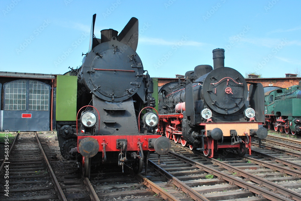 Obraz premium old steam locomotives standing in the locomotive depot