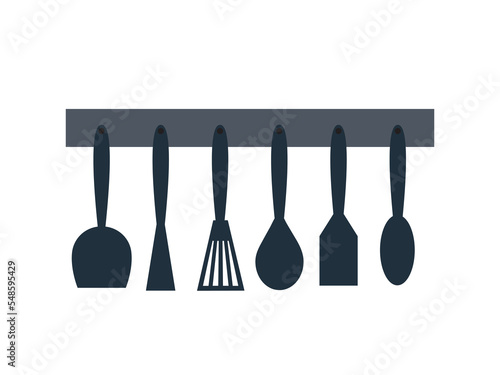Vector flat style kitchen tools set. Hanging cooking tools set. Ladle, skimmer and cooking spatula