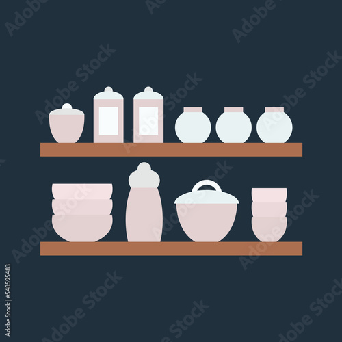 Vector kitchen utensils on shelves set. Flat style cooking tools isolated. Plates, bowls, bottles and pot