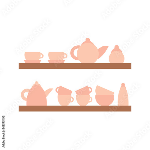 Vector kitchen utensils on shelves set. Flat style cooking tools isolated. Plates, bowls, teapot and cups