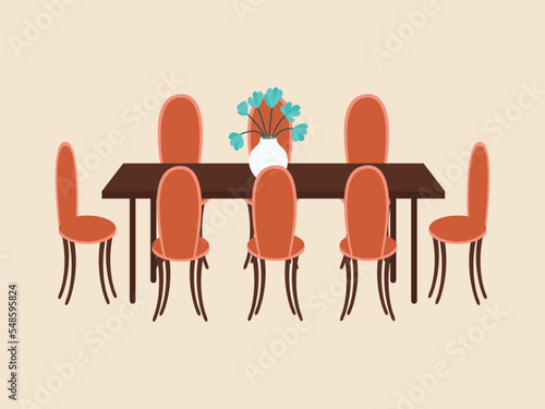 Vector flat style dining table with flower bouquet and chairs
