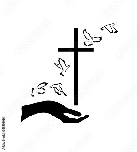 religious cross in hand. Flying birds of the world. Vector illustration
