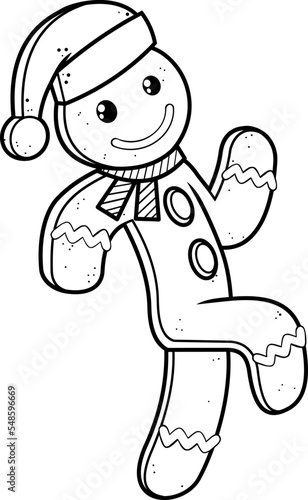Outlined Christmas Gingerbread Man Cartoon Character Running. Vector Hand Drawn Illustration Isolated On Transparent Background