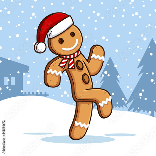 Christmas Gingerbread Man Cartoon Character Running. Vector Hand Drawn Illustration With Winter Background