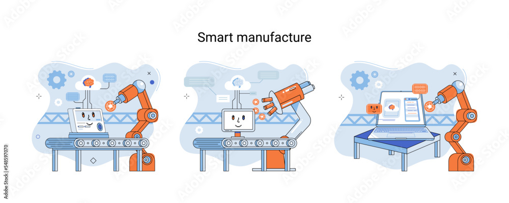 Smart manufacture metaphor with automated production line. Innovative contemporary smart industry product design, delivery and distribution with people, robots and machinery, conveyor assembly line