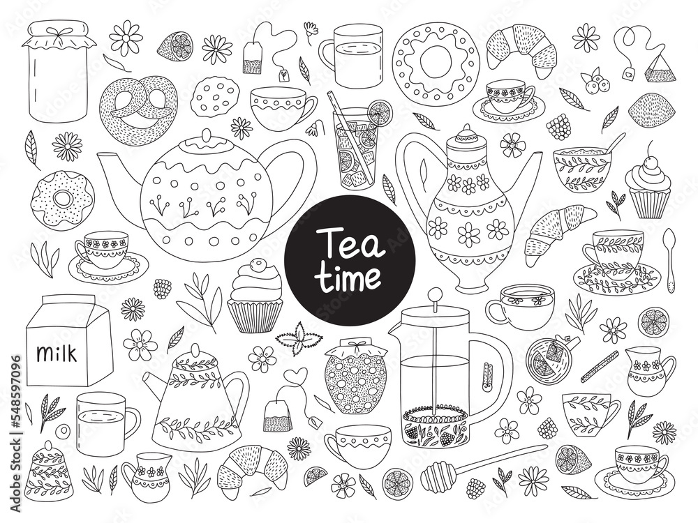 Vector tea ceremony hand drawn set. Tea collection vector doodle set. Teapot, cup, flowers, desserts, jam and croissant isolated
