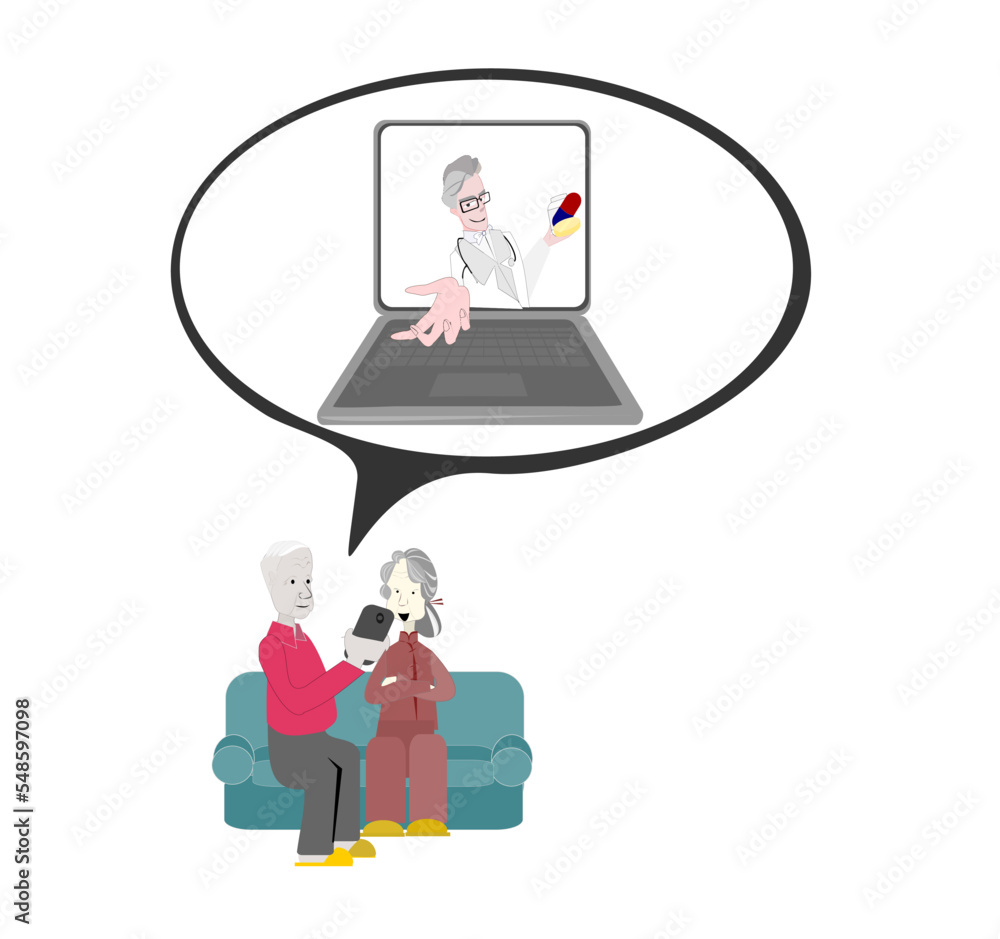 Vector Illustration old man and old woman sitting on the sofa watching the mobile.Grandparents use online medical services.Technology Learning for the Elderly.