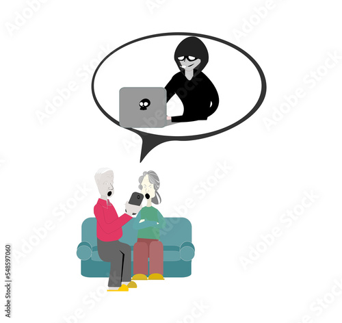 Scammer cartoon character.Online crime concept . Swindler and a thief are working at the computer.flat illustration elder siting on sofa use mobile. Voice Phishing.fake call center.