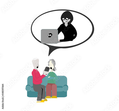 Vector scammer cartoon character.Online crime concept . Swindler and a thief are working at the computer.flat illustration elder siting on sofa use mobile. Voice Phishing.fake call center.