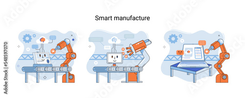 Smart manufacture metaphor with automated production line. Innovative contemporary smart industry product design, delivery and distribution with people, robots and machinery, conveyor assembly line