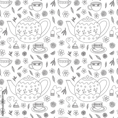 Vector tea cups and teapot seamless pattern. Hand drawn doodle tea ceremony pattern