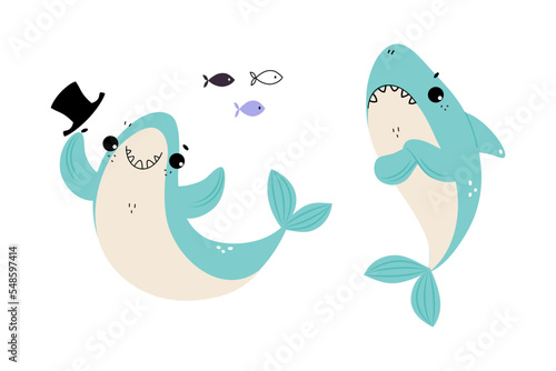 Comic Blue Shark with Fins as Marine Animal Smiling and Feeling Grumpy Vector Set