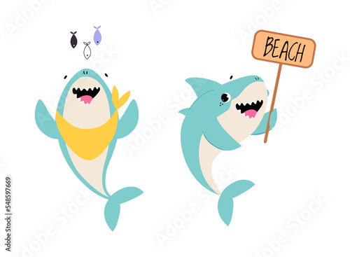Comic Blue Shark with Fins as Marine Animal Eating Fish and Holding Placard on Pole Vector Set