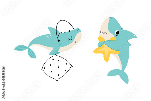 Comic Blue Shark with Fins as Marine Animal with Pillow and Starfish Vector Set