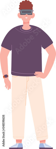 Guy with virtual reality device standing. Person in vr glasses