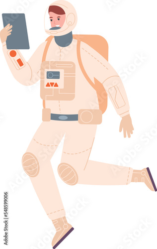 Female astronaut with tablet. Working space engineer
