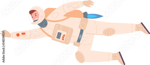 Astronaut flying with jetpack. Space explorer character
