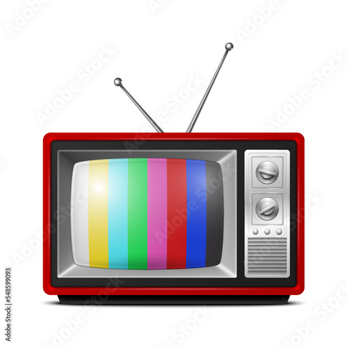Vector 3d Realistic Red Retro Striped Screen TV Receiver Isolated on White Background. Home Interior Design Concept. Vintage TV Set, Television, Front View