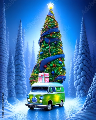 cute little van, caravan, santa car, christmas atmosphere, new year postcard