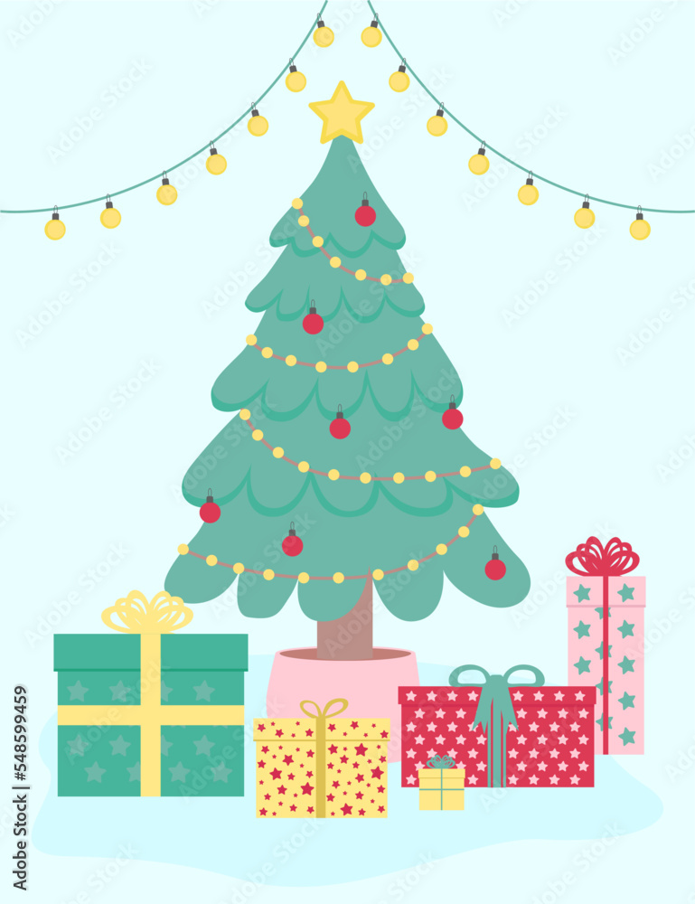 Christmas template illustration with Christmas tree, present gifts and garland. Background on new year