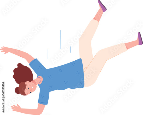 Shocked woman falling down. Scared person fly in air