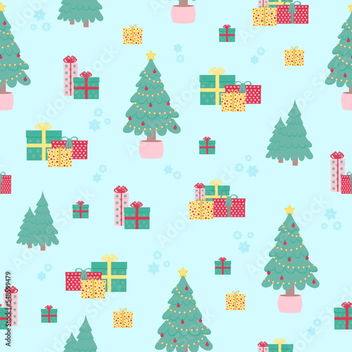 Christmas background pattern template illustration. Christmas tree  present gifts and snow pattern seamless on new year