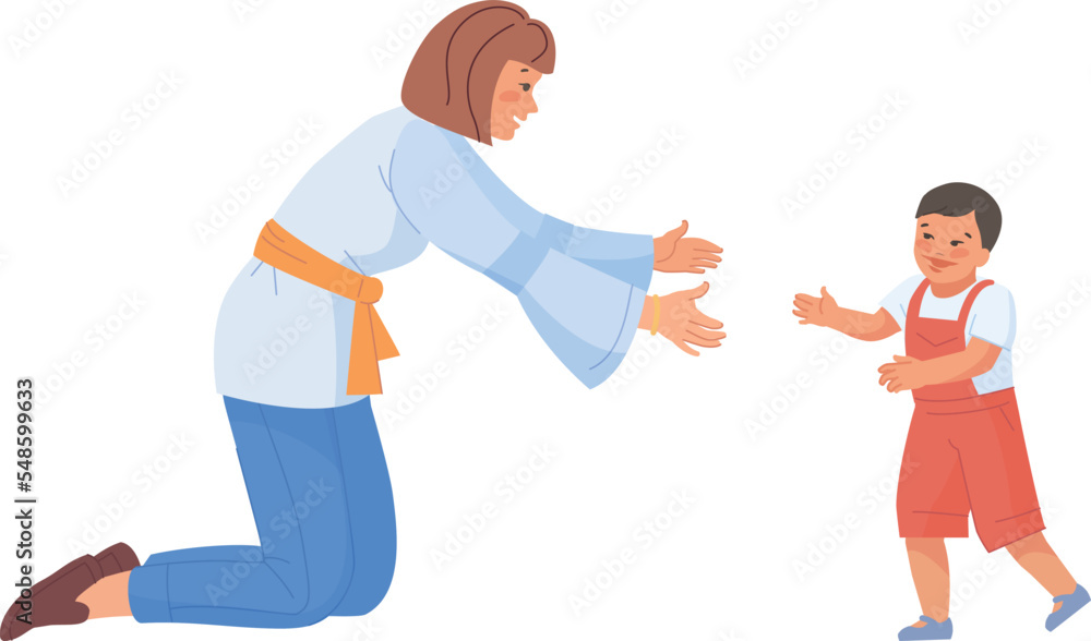 Baby go to mother. Young boy first steps Baby go to mother. Young boy first steps