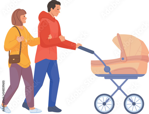 Happy couple with baby carriage. Young family walk