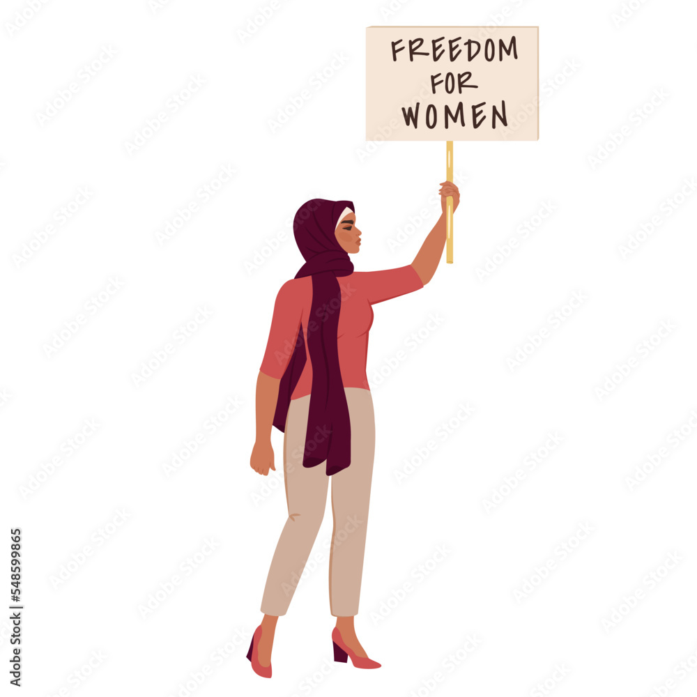 Women's rights. Iranian woman protest. Arabic woman in hijab and