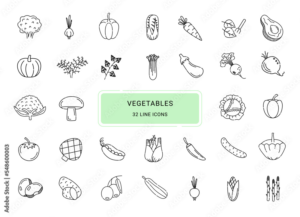 Vegetables, 32 line vector icons Vegetables, 32 line vector icons