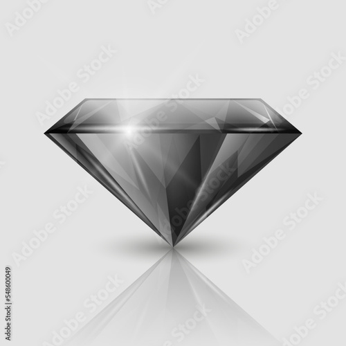 Vector 3d Realistic Black Transparent Triangular Glowing Gemstone, Diamond, Crystal, Rhinestone Closeup on White Background with Reflection. Jewerly Concept. Design Template, Banner