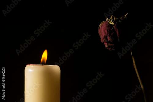 Rosa seca iluminada por una vela