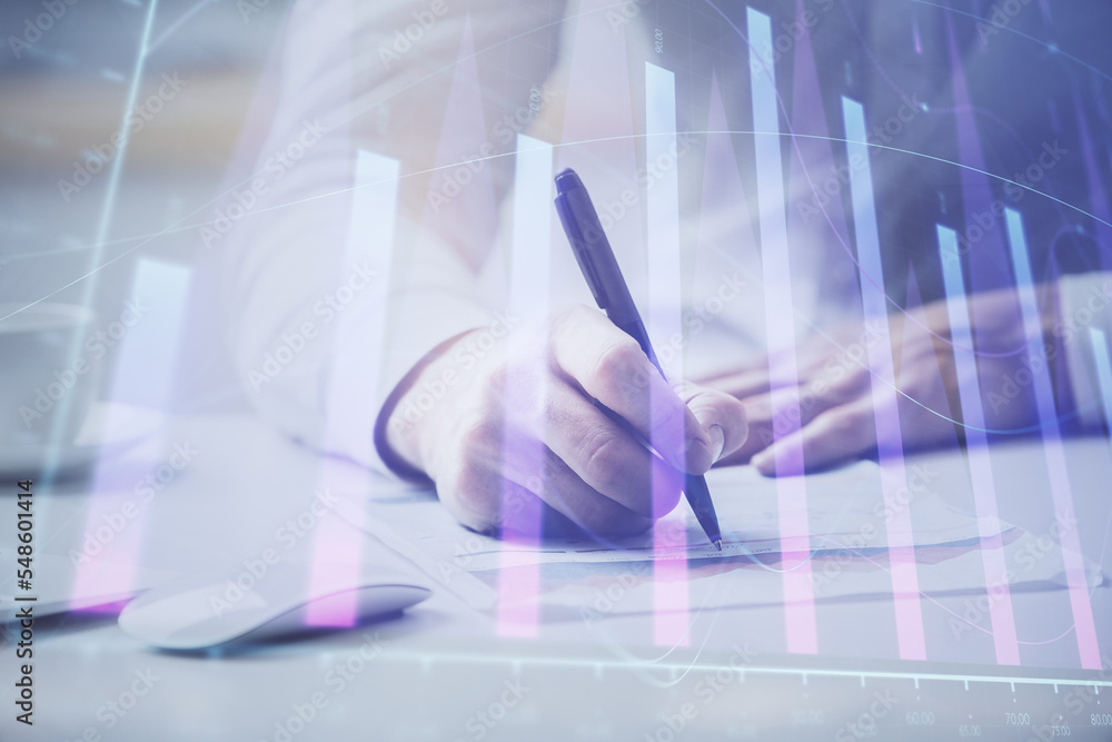 Financial trading chart multi exposure with man desktop background. Financial trading chart multi exposure with man desktop background.