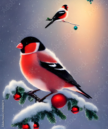 little bullfinch christmas atmosphere, new year postcard, blizzard © Alena
