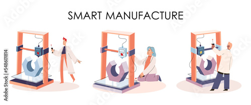 Manufacturing process industry. Scientist robot assembling products. Smart manufacture, automation development metaphor. Smart industry product design, automated production, robots and machinery 4.0