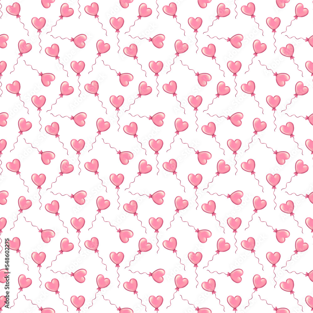 seamless pattern with pink heart shaped air balloons on white background
