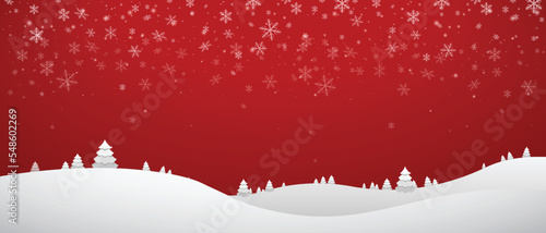 Snowfall landscape on red background Christmas snowy winter design falling White snowflakes, landscape abstract Cold weather effect Magic nature fantasy snowfall texture decoration Vector illustration