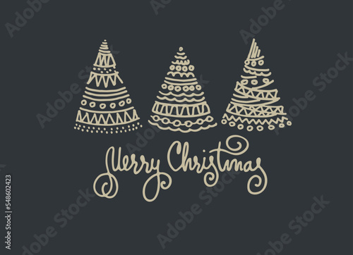 Merry Christmas greeting card, holiday illustration. Hand lettering, ornamental Christmas trees like gold