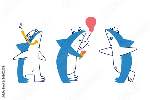 Cute Blue Shark as Sea Animal with Dorsal Fin with Snorkeling Tube and Balloon Vector Set