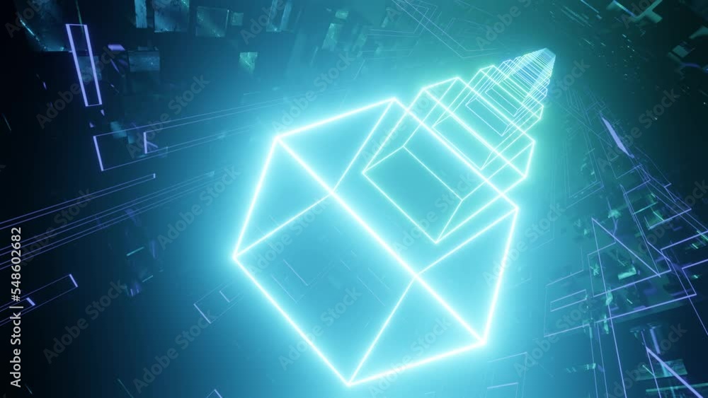 Hi-tech neon sci-fi tunel. Trendy neon glow lines form pattern and construction in mirror tunnel. Fly through technology cyberspace. 3d looped seamless 4k background.flickering 3d object night club