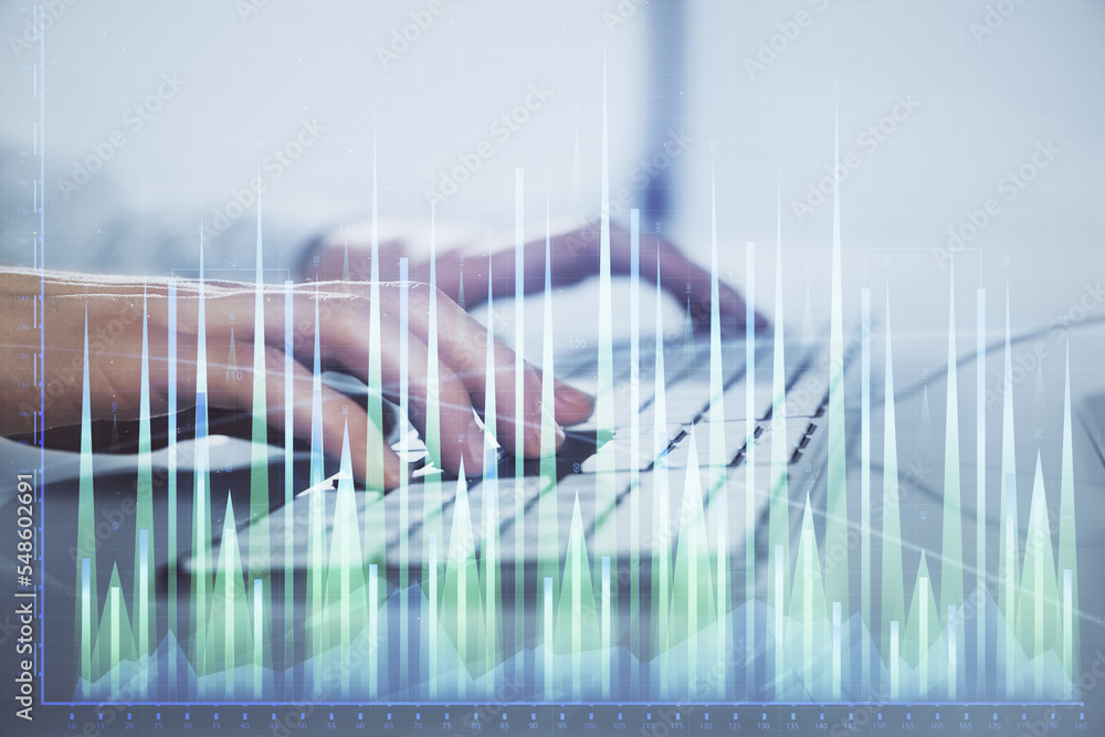 Forex graph with businessman working on computer in office on background. Concept of hardworking. Closeup. Multi exposure. Forex graph with businessman working on computer in office on background. Concept of hardworking. Closeup. Multi exposure.